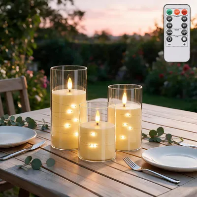 Image de Bougies LED Eikuavons, ensemble de 3, avec guirlande lumineuse et télécommande, sans flamme, lumière blanche chaude, avec des gobelets en acrylique transparent