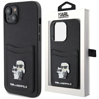 Produktbild von Karl Lagerfeld PolyurethanSaffiano Kartenfach Metall Karl and Choupette Back Cover für iPhone 15 Schwarz