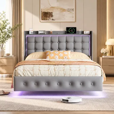 Imagen del producto de Cama tapizada INONEFT de 160x200 cm, cama juvenil con iluminación LED, somier y cabecero. Estructura de cama flotante con 1 puerto USB-C y 2 puertos USB-A, tapizada en terciopelo, color gris
