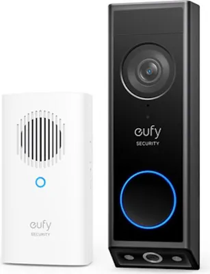A black video doorbell and a white wireless speaker are shown side-by-side against a white background.