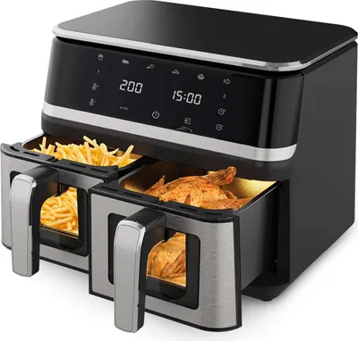 Produktbild von Zimilo 12L Doppel-Heißluftfritteuse, 2000W, 6 Programme, Sichtfenster, Heizrohr aus Edelstahl, Temperatur Einstellbar, 395*355*312mm, Silber