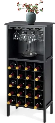 Produktbild von KOMFOTTEU vinotéka, stojan na víno s 20 fľašami a 4 radmi držiakov na poháre, stojan na fľaše 42 x 25 x 96 cm, drevený stojan na víno do kuchyne, jedálne, baru (čierny)