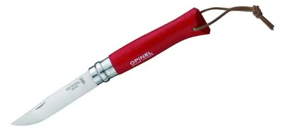 Immagine prodotto di Coltello Opinel n. 8, acciaio inossidabile Sandvik 12C27, manico in faggio rosso, cinturino in pelle, sistema Virobloc