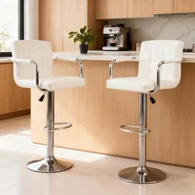 Produktbild von 2er Set Barhocker mit Lehne undHandlauf aus Kunstleder 360° drehbar höhenverstellbar Gepolsterter Barstuhl Bistrohocker Weiß