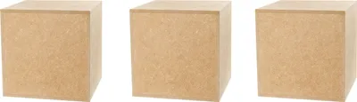 Three identical unpainted MDF cubes are displayed side-by-side against a white background.