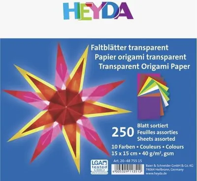 Produktbild von Heyda 204875515 Faltblätter transparent 15 x 15 cm weiß, zitronengelb, orange, mittelrot, pink, flieder, mittelblau, maigrün, mittelgrün, mittelbraun