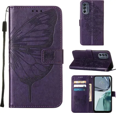 Obrázek produktu pro Moto G62 5G Pouzdro, Motýlí Reliéf Flip Kožené Pouzdro s Kapsami na Karty a Stojánkem pro Motorola Moto G62 5G Fialová