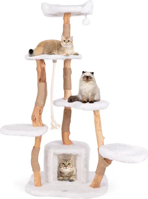 Produktbild von GOPLUS 168 cm Kratzbaum, Katzenbaum mit Kratzsäulen & Sisalseil, eigene Katzenhöhle, stabile Perlholzsäulen, hängender Ball, Natur + Weiß
