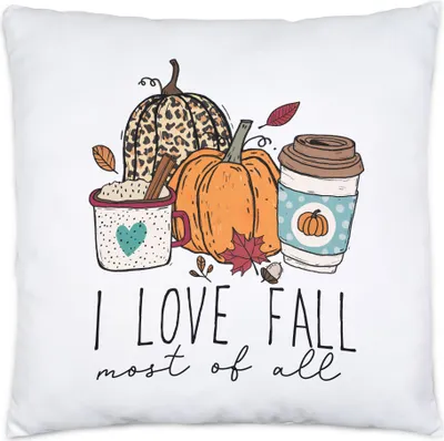 Produktbild von I Love Fall Most Of All Kissen Pumpkins Kürbis Herbstzeit Laubblätter Jahreszeit Erntezeit Heißgetränke Herbst
