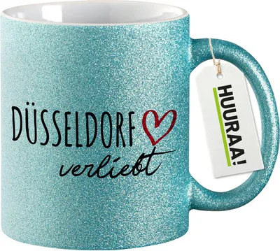 Produktbild von Huuraa Glitzertasse Düsseldorf verliebt 330ml Blau Keramik Kaffeebecher Geschenkidee