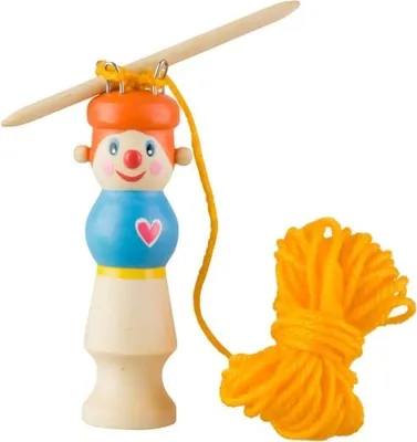 A wooden knitting tool shaped like a clown, with yarn attached.