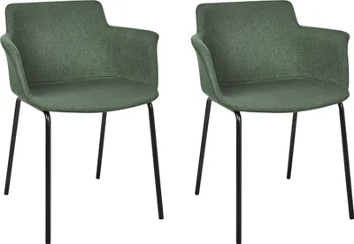 Two green chairs with black metal legs are shown against a white background.