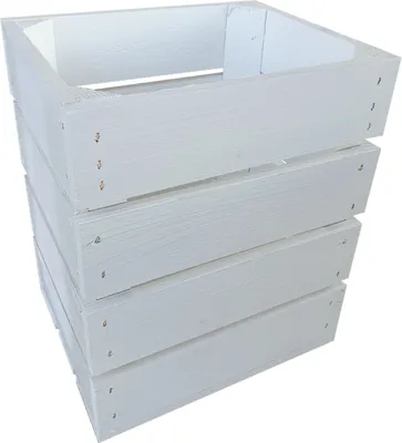 A white wooden crate is shown against a white background.