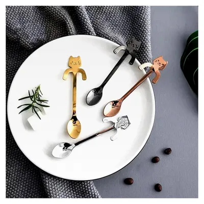 Produktbild von Kaffeelöffel Set mit Kätzchen-Design - 4-teilig in verschiedenen Farben | Teelöffel | Esspressolöffel | Eierlöffel | Edelstahl | Geschenkidee für verschiedene Anlässe