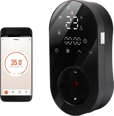 A smart plug thermostat and a smartphone displaying its app interface.