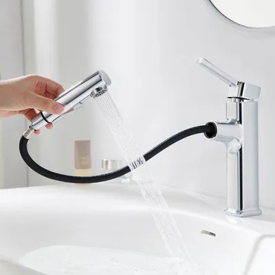 Image de Robinet de lavabo chromé Unyqoos® avec douchette extractible (jusqu'à environ 70 cm), 2 types de jets, en acier inoxydable, cartouche en céramique, inclut le kit de montage