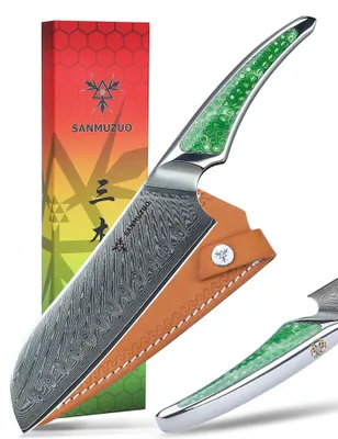 Santokumesser 18 cm, Damaststahl VG-10, ultra-scharf, grüner Harzgriff