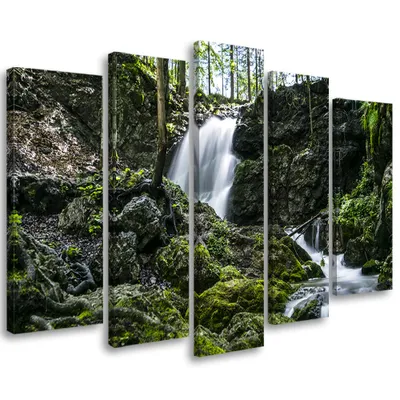 Produktbild von 5-teiliges leinwandbild wasserfall wald felsen 100x70 cm Feeby grün wandbild bereit zum aufhängen
