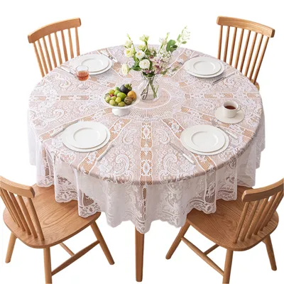 Produktbild von Runde 180cm Weiß Spitze Tischdecke, Vintage Elegante Blumenmuster Häkeldeckchen