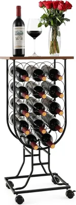 A wine rack filled with wine bottles, a glass of wine, and a bouquet of red roses on top.