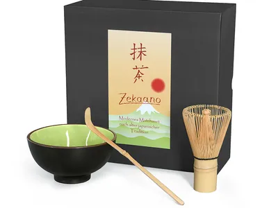 Produktbild von Matcha Set / Matchaset / Matcha Schale 250ml sommergrün mit Besen/Löffel in Geschenkbox