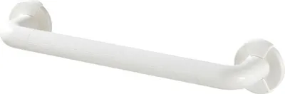 A white grab bar for a bathroom.