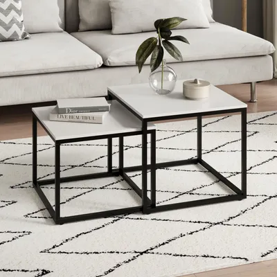 Produktbild von Couchtisch 2er Set aus Holz, Wohnzimmertisch Modern, Quadratisch in Weiß, für Wohnzimmer