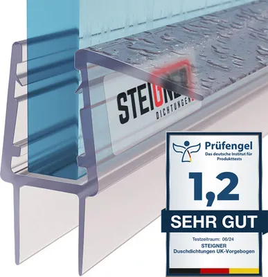 A close-up of a shower door seal with water droplets on it, next to a product rating badge.