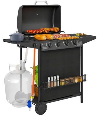Produktbild von Gasgrill mit 4 Hauptbrennern und 1 Seitenbrenner, 121x54x97 cm, BBQ Outdoorküche mit Deckelthermometer, Piezozündung & Fettauffangschale, Schwarz