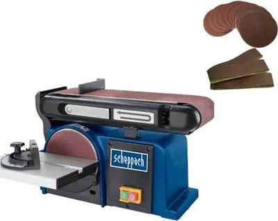 Image de Scheppach Ponceuse à bande et à disque BTS900 avec 6 accessoires | Ponceuse 370W | 230V | 2850 min-1 | Plateau de ponçage Ø 150mm | Ponceuse à bande