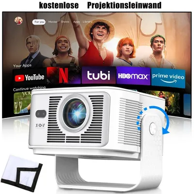 Zdjęcie produktu dla Projektor 4K, 25000 lumen, rozdzielczość HD, Wi-Fi, Bluetooth, system Android, do kina domowego, automatyczne ustawianie ostrości, przenośny, z uniwersalnym pilotem, do projekcji na ścianę lub stół