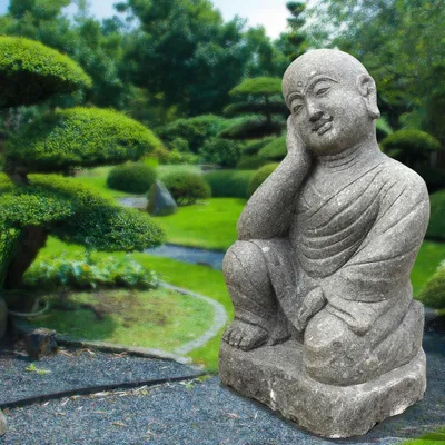 Image de Stonox Statue de moine Shaolin Junagadh Basanit résistante au gel 54 x 58 x 104 cm