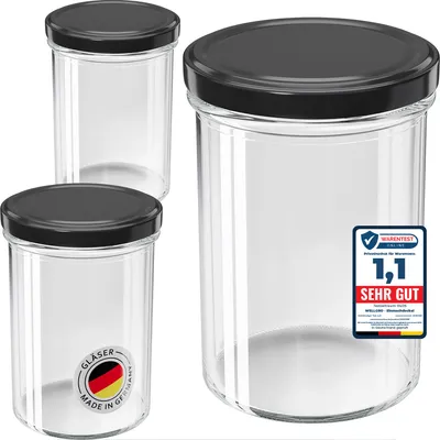 Produktbild von 100x WELLGRO Einmachgläser 435ml – Schraubdeckel TO82 schwarz