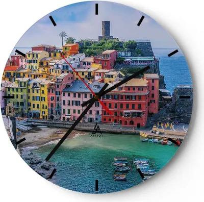 Produktbild von Wanduhr - Rund - Glasuhr - Farben Gebäude Italien - 30x30cm - Schleichendes Uhrwerk - Lautlos - zum Aufhängen bereit - Dekoration Modern - Wanddekoration aus Glas - C3AR30x30-5015