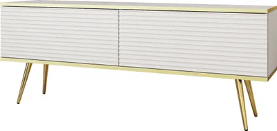 Image de Armoire TV Rodi - Meuble TV 2 abattants + MDF, pieds - Buffet TV 135 cm, salon, PUSH TO OPEN (blanc + or)