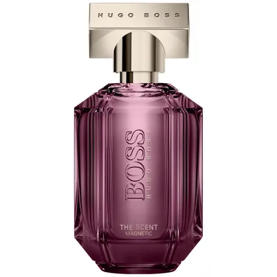 A studio shot of a Hugo Boss perfume bottle.