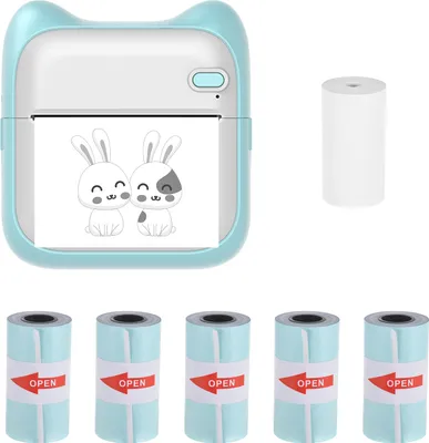 Zdjęcie produktu dla Mini drukarka termiczna, czarno-biała drukarka fotograficzna, drukarka natychmiastowa 203 DPI, bezprzewodowa łączność Bluetooth, naklejki z 5 rolkami papieru termicznego 57 x 25 mm, kompatybilna z systemami Android i iOS, niebieska