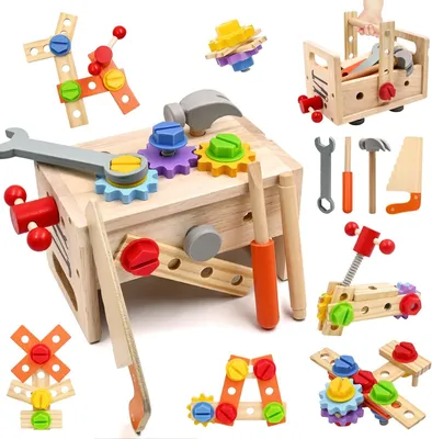 Zdjęcie produktu dla Montessori drewniany zestaw narzędzi 29-elementowy, ze skrzynką i stołem warsztatowym, dla dzieci