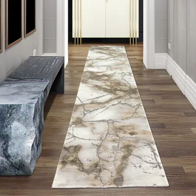 Zdjęcie produktu dla Marmurowy dywan z błyszczącymi włóknami w kolorze beżowym Rozmiar - 80 x 300 cm