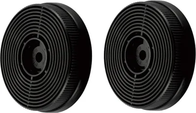 Two black circular carbon filters for a cooker hood, shown from a slight angle against a white background.