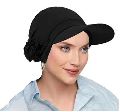 Produktbild von Damen Chemo Mütze mit Blume und Sonnenschutz-Krempe, atmungsaktiv, Schwarz