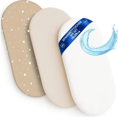 Produktbild von Spannbettlaken Kinderwagen Baby Spannbetttücher 3er Set: 75 x 35 cm - 2X Bettlaken + 1x wasserdichter Matratzenschoner Babybett Zubehör für
