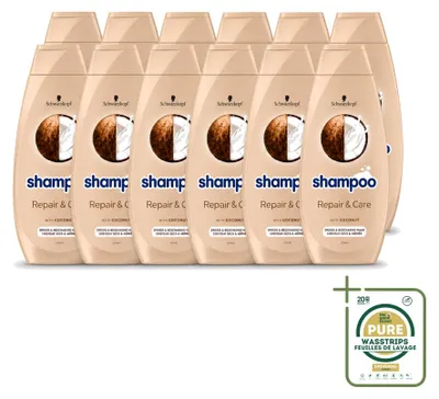 Image de 12 flacons de shampooing Schwarzkopf Repair & Care pour cheveux abîmés - 400 ml - Pack économique - 12 pièces