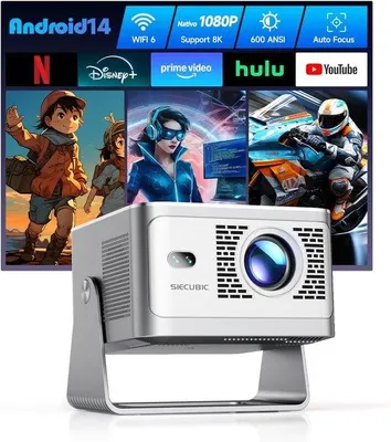 Obrázek produktu pro Mini přenosný projektor 4K Full HD 1080P pro domácí kino, 600 ANSI lumenů, Android 14, WiFi 6, Bluetooth 5.4, automatická korekce obrazu