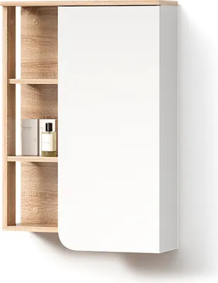 A bathroom cabinet with a mirrored door and open shelves.