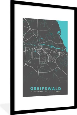 Produktbild von MuchoWow® Gerahmtes Poster Stadtplan - Karte - Greifswald - Blau - Deutschland - Karte 60x90 cm - Poster mit Schwarzem Bilderrahmen Wandposter Rahmen Foto Bilder - Dekoration - Wandposter Wohnzimmer - Hochwertig