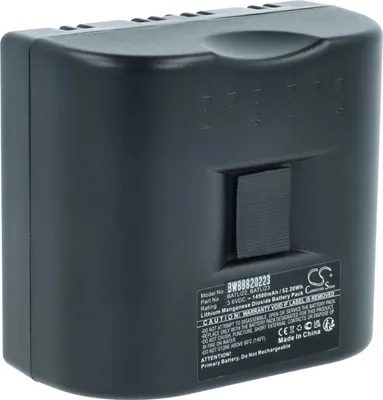 A black battery pack is shown from a slightly elevated side angle against a light gray background.