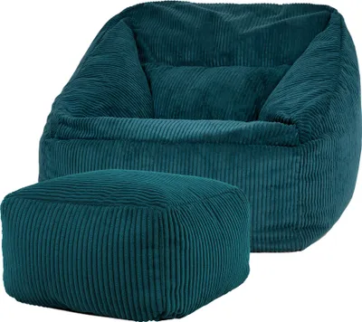Produktbild von icon Riesen Sitzsack Sessel Bean Bag Morgan mit Hocker, Blaugrün, Cord XXL Sitzsack Erwachsene mit Füllung Für Das Wohnzimmer, Riesensitzsack XXL Flauschig Cord - Hergestellt in Deutschland