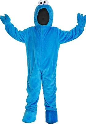 A full-body view of a child's Cookie Monster costume against a white background.