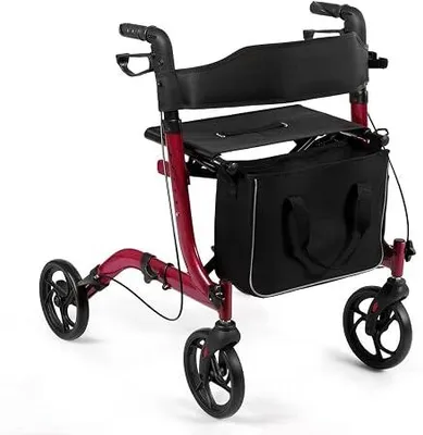Produktbild von Aluminium Rollator Faltbar und Leicht, Gehhilfe für Senioren mit Sitz & Rückenlehne, Rollatoren Schmal, höhenverstellbaren Griffen, bis 136 kg, Rot